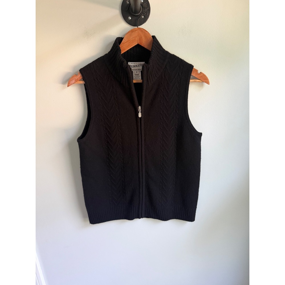 Pendleton Womens Black 100% Lambswool Cable Knit Full Zip Sweater Vest Small